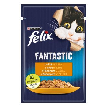 PURINA Felix Fantastic, Pui, hrană umedă pisici, (în aspic) PURINA Felix Fantastic, Pui, plic hrană umedă pisici, (în aspic), 85g