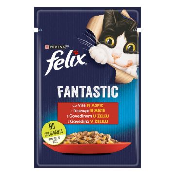 PURINA Felix Fantastic, Vită, hrană umedă pisici, (în aspic) PURINA Felix Fantastic, Vită, plic hrană umedă pisici, (în aspic), 85g