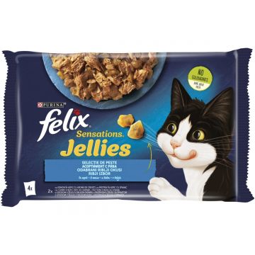 PURINA Felix Sensations, 2 arome (Somon și Pastrav), pachet mixt, plic hrană umedă pisici, (în aspic), 85g x 4