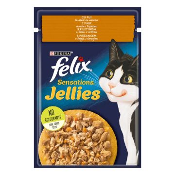 PURINA Felix Sensations, Pui cu Morcov, hrană umedă pisici, (în aspic) PURINA Felix Sensations, Pui cu Morcov, plic hrană umedă pisici, (în aspic), 85g