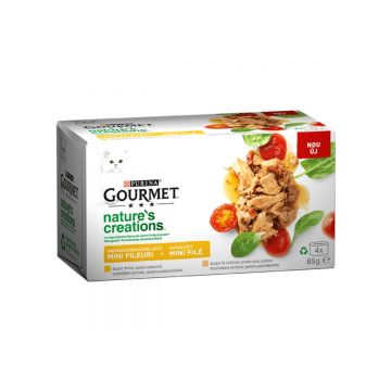 PURINA Gourmet Nature's Creations, 2 arome (Pui cu Spanac, Curcan cu Păstârnac), pachet mixt, conservă hrană umedă pisici, 85g x 4