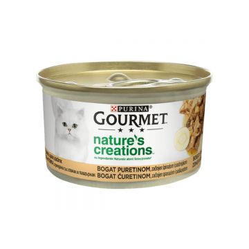 PURINA Gourmet Nature's Creations, Curcan cu Păstârnac și Spanac, conservă hrană umedă pisici, 85g