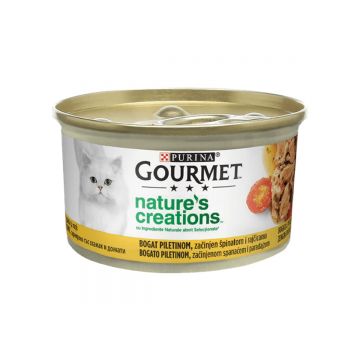 PURINA Gourmet Nature's Creations, Pui cu Spanac și Roșii, conservă hrană umedă pisici, 85g