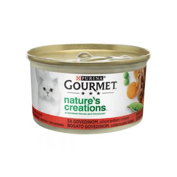 PURINA Gourmet Nature's Creations, Vită cu Mazăre și Morcov, conservă hrană umedă pisici, 85g