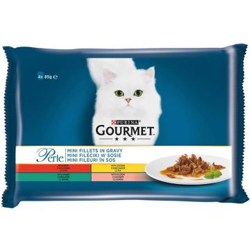 PURINA Gourmet Perle, 4 arome (Vițel, Pui, Iepure cu Legume, Miel cu Legume), pachet mixt, plic hrană umedă pisici, (în sos), 85g x 4