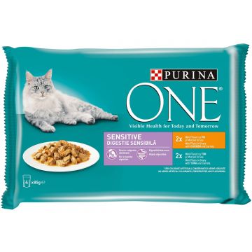 PURINA One Sensitive, Pui/Ton, pachet mixt plic hrană umedă pisici, sensibilități digestive, (în sos), 85g x 4