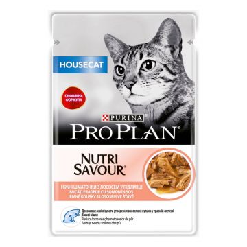 PURINA Pro Plan Housecat Nutrisavour, Somon, hrană umedă pisici, (în sos) PURINA Pro Plan Housecat Nutrisavour, Somon, plic hrană umedă pisici, (în sos), 85g