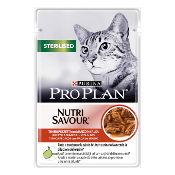PURINA Pro Plan Sterilised Nutrisavour, Vită, hrană umedă pisici sterilizate, (în sos) PURINA Pro Plan Sterilised Nutrisavour, Vită, plic hrană umedă pisici sterilizate, (în sos), 85g