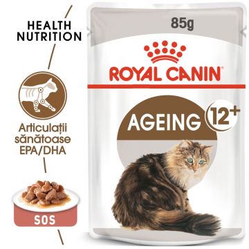 Royal Canin Ageing 12+, hrană umedă pisici senior, (în sos) Royal Canin Ageing 12+, plic hrană umedă pisici senior, (în sos), 85g