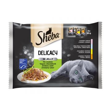 SHEBA Delicacy, Selecții de Carne și Pește, 4 arome, pachet mixt, plic hrană umedă pisici, (în aspic), 85g x 4