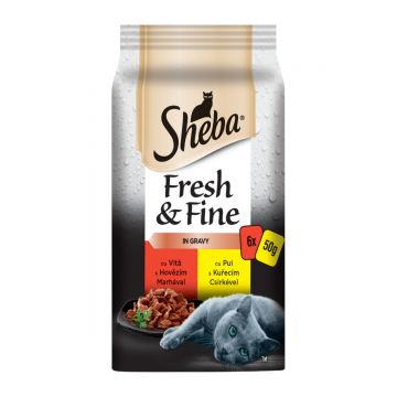 SHEBA Fresh&Fine, Selecții Mixte, 2 arome, pachet mixt, plic hrană umedă pisici, (în sos), 50g x 6