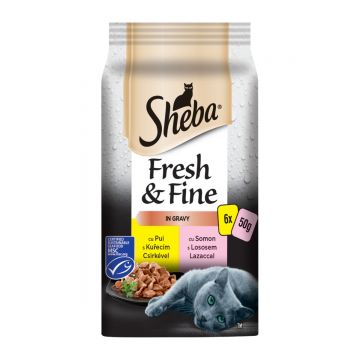 SHEBA Fresh&Fine, Selecții Pasăre și Pește, 2 arome, pachet mixt, plic hrană umedă pisici, (în sos), 50g x 6