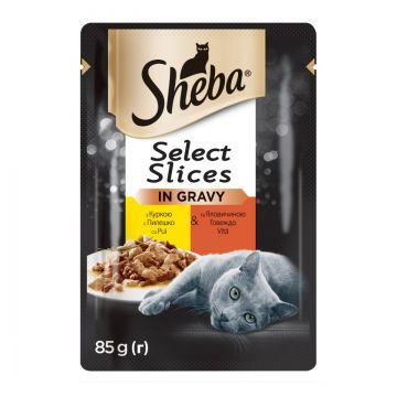 SHEBA Select Slices, Pui și Vită, plic hrană umedă pisici, (în sos), 85g SHEBA Select Slices, Pui și Vită, plic hrană umedă pisici, (în sos), 85g