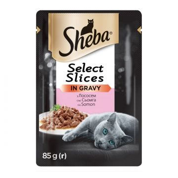 SHEBA Select Slices, Somon, plic hrană umedă pisici, (în sos) SHEBA Select Slices, Somon, plic hrană umedă pisici, (în sos), 85g