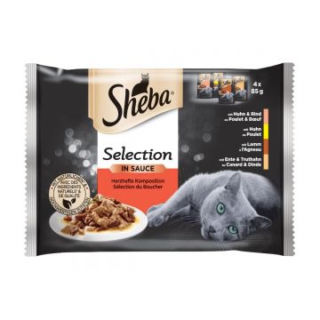 SHEBA Selection, Selecții de Carne, 4 arome, pachet mixt, plic hrană umedă pisici, (în sos), 85g x 4