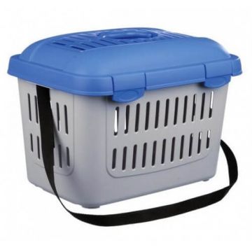 TRIXIE Midi Capri, cușcă transport câini și pisici, XS(max. 5kg), plastic, deschidere superioară, cu curea de umăr, albastru și gri, 44 x 33 x 32 cm