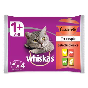 WHISKAS Casserole Selecții Clasice, 4 arome, pachet mixt, plic hrană umedă pisici, (în aspic), 85g x 4