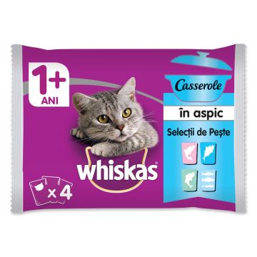 WHISKAS Casserole Selecții Pește, 4 arome, pachet mixt, plic hrană umedă pisici, (în aspic), 85g x 4 WHISKAS Casserole Selecții Pește, 4 arome, pachet mixt, plic hrană umedă pisici, (în aspic), 85g x 4