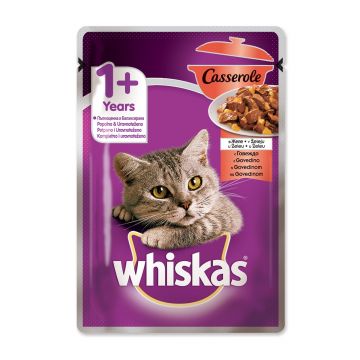 WHISKAS Casserole, Vită, hrană umedă pisici, (în aspic) WHISKAS Casserole, Vită, plic hrană umedă pisici, (în aspic), 85g