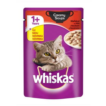 WHISKAS Creamy Soup, Vită, plic hrană umedă pisici, (în supă), 85g