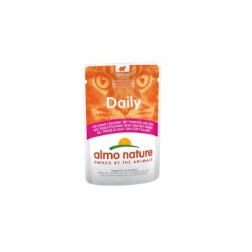 ALMO NATURE Daily Cat, Ton și Somon, plic hrană umedă pisici, (în sos), 70g