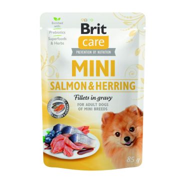 BRIT Care Mini Sterilised, XS-S, File Somon și Herring, hrană umedă câini sterilizați, (în sos) BRIT Care Mini Sterilised, XS-S, File Somon și Herring, plic hrană umedă câini sterilizați, (în sos), 85g