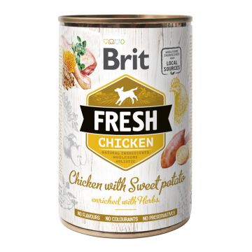 BRIT Fresh, Pui cu Cartof Dulce, conservă hrană umedă conținut redus cereale câini, (în aspic), 400g