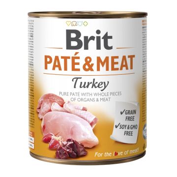 BRIT Pate & Meat, Curcan, conservă hrană umedă fără cereale câini, (pate cu bucăți de carne), 800g