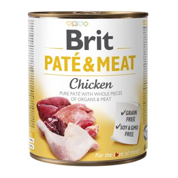 BRIT Pate & Meat, Pui, conservă hrană umedă fără cereale câini, (pate cu bucăți de carne), 800g