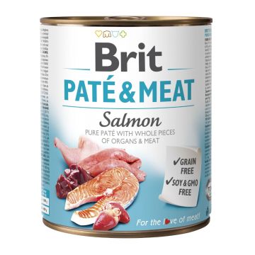 BRIT Pate & Meat, Somon, conservă hrană umedă fără cereale câini, (pate cu bucăți de carne), 800g