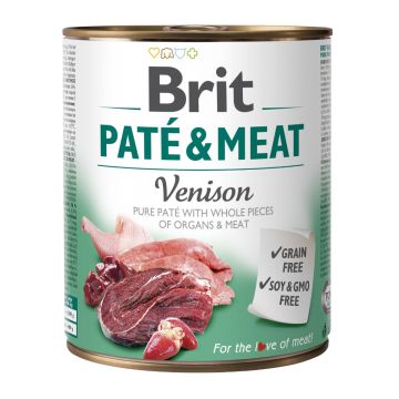BRIT Pate & Meat, Vânat, conservă hrană umedă fără cereale câini, (pate cu bucăți de carne), 800g