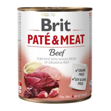 BRIT Pate & Meat, Vită, conservă hrană umedă fără cereale câini, (pate cu bucăți de carne), 800g