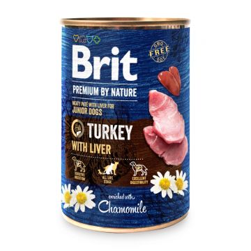 BRIT Premium By Nature Junior, Curcan și Ficat, conservă hrană umedă fără cereale câini, (pate), 800g