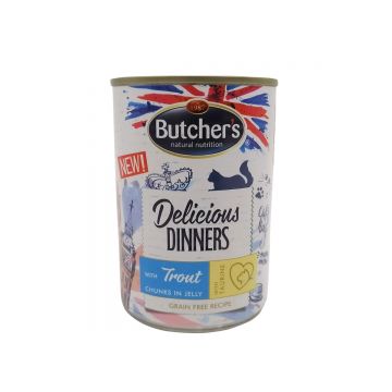 BUTCHER'S Delicious Dinners, Păstrăv, conservă hrană umedă fără cereale pisici, (în aspic), 400g