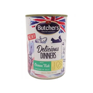 BUTCHER'S Delicious Dinners, Pește, conservă hrană umedă fără cereale pisici, (în aspic), 400g