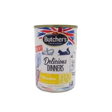 BUTCHER'S Delicious Dinners, Pui, conservă hrană umedă fără cereale pisici, (în aspic), 400g