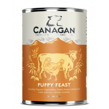 CANAGAN Puppy Feast, XS-XL, Pui și Vită, conservă hrană umedă fără cereale câini junior, (în supă), 400g
