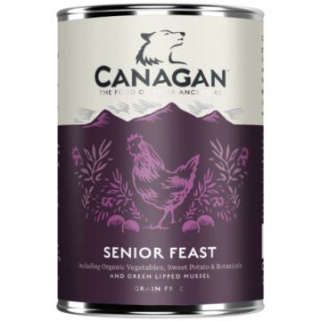 CANAGAN Senior Feast, XS-XL, Pui, conservă hrană umedă fără cereale câini senior, (în supă), 400g