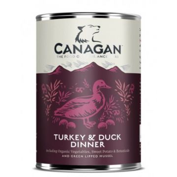 CANAGAN Turkey&Duck Dinner, XS-XL, Curcan și Rață, conservă hrană umedă fără cereale câini junior & adult, (în supă), 400g