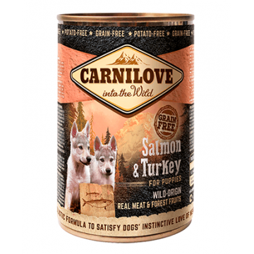 CARNILOVE Junior, Somon și Curcan, conservă hrană umedă fără cereale câini junior, (în aspic), 400g