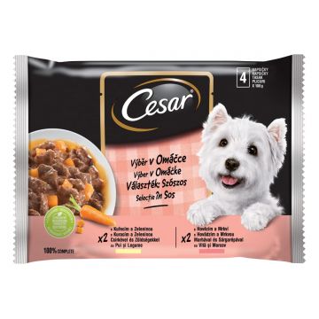 CESAR Selecții, 2 arome, pachet mixt, plic hrană umedă, (în sos), 100g x 4