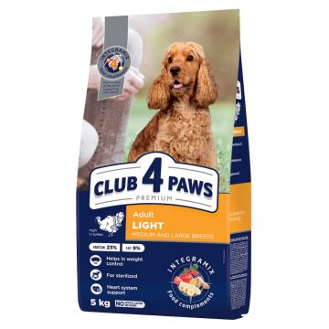 CLUB 4 PAWS Adult Light, M-XL, Curcan, hrană uscată câini, obezitate, 5kg