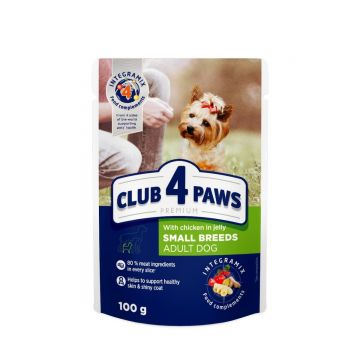 CLUB 4 PAWS Premium, Pui, hrană umedă câini, (în aspic) CLUB 4 PAWS Premium, XS-XL, Pui, plic hrană umedă câini, (în aspic), 100g