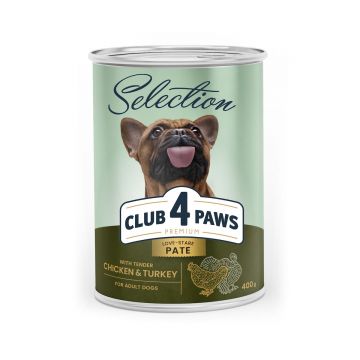 CLUB 4 PAWS Premium , Pui și Curcan, conservă hrană umedă câini, (pate), 400g