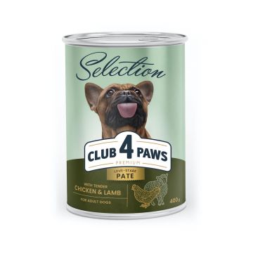 CLUB 4 PAWS Premium , Pui și Miel, conservă hrană umedă câini, (pate), 400g