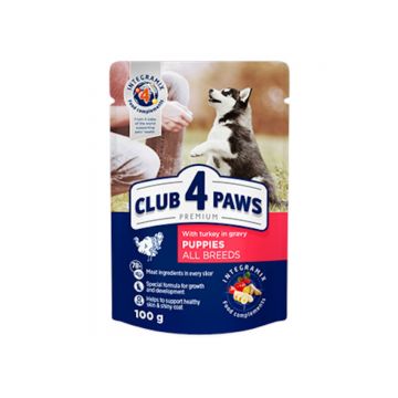 CLUB 4 PAWS Premium Puppy, Curcan, hrană umedă câini junior, (în sos) CLUB 4 PAWS Premium Puppies, XS-XL, Curcan, plic hrană umedă câini junior, (în sos), 100g
