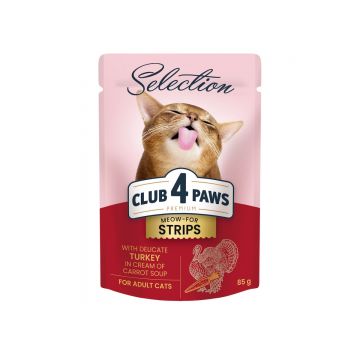 CLUB 4 PAWS Premium Selection Stripsuri, Curcan și Morcov, plic hrană umedă pisici, (în supă), 85g