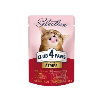 CLUB 4 PAWS Premium Selection Stripsuri, Vită, plic hrană umedă pisici, (în supă), 85g