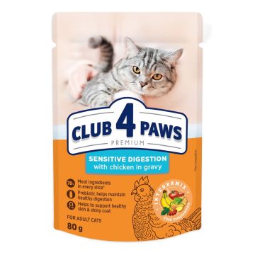 CLUB 4 PAWS Premium Sensitive Digestion, Pui, plic hrană umedă pisici, sistem digestiv, (în sos), 80g