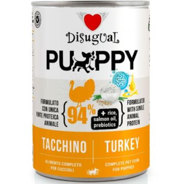 DISUGUAL Monoprotein Puppy, XS-XL, Curcan, conservă hrană umedă monoproteică câini junior, (pate), 400g